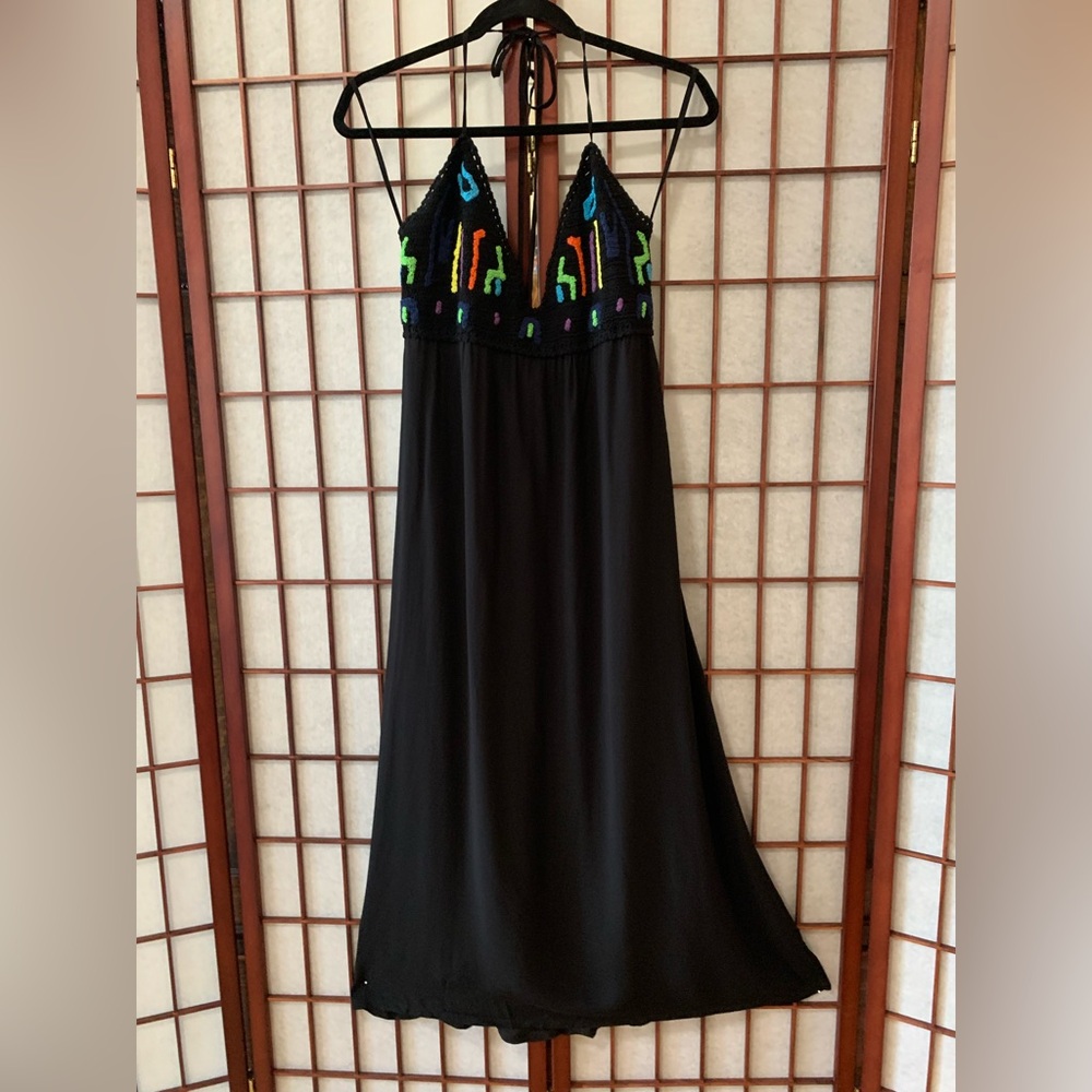 NWT Coco Cabana long black halter dress with embroidered multi-color top Size M
